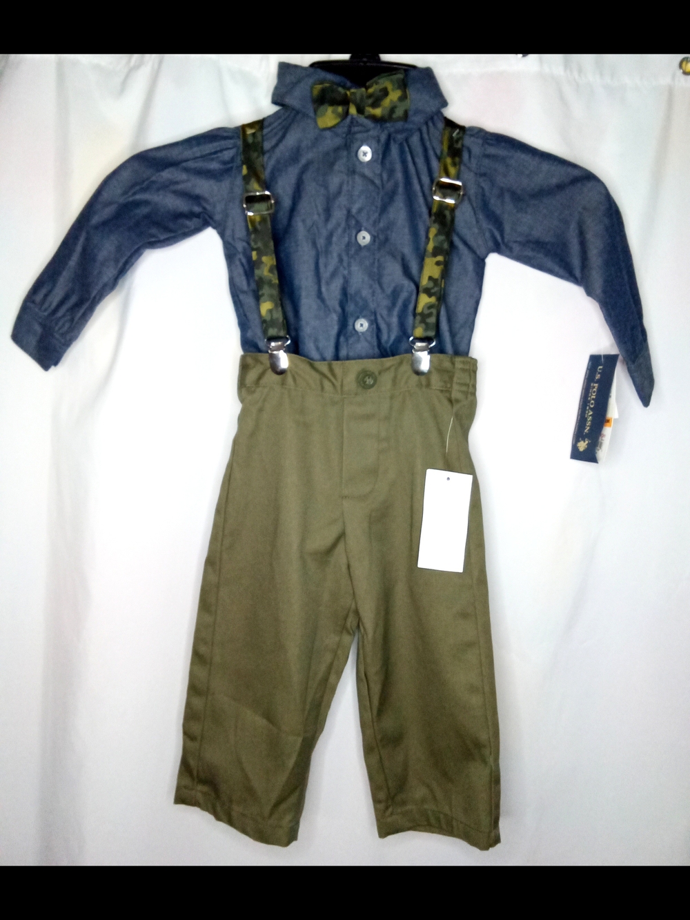 NWT 4pc Baby Toddler Suit Camo Bowtie Suspenders Denim One-Piece Olive Trousers